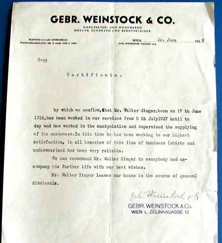 June 30, 1938: Walter Singer's dismissal letter from GEBR. WEINSTOCK & CO.