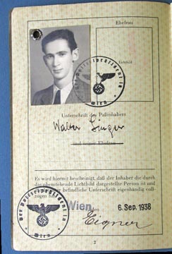 Reich Passport: Contrast this September 1938 photo with his photo upon release from Sachsenhausen in January 1939.